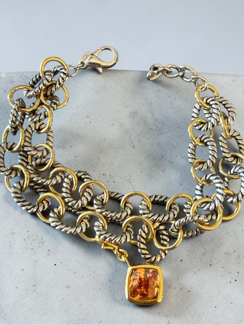 New! Premier Design Two-Tone Gold Tone & Silver Chain Bracelet w/ Amber Pendant